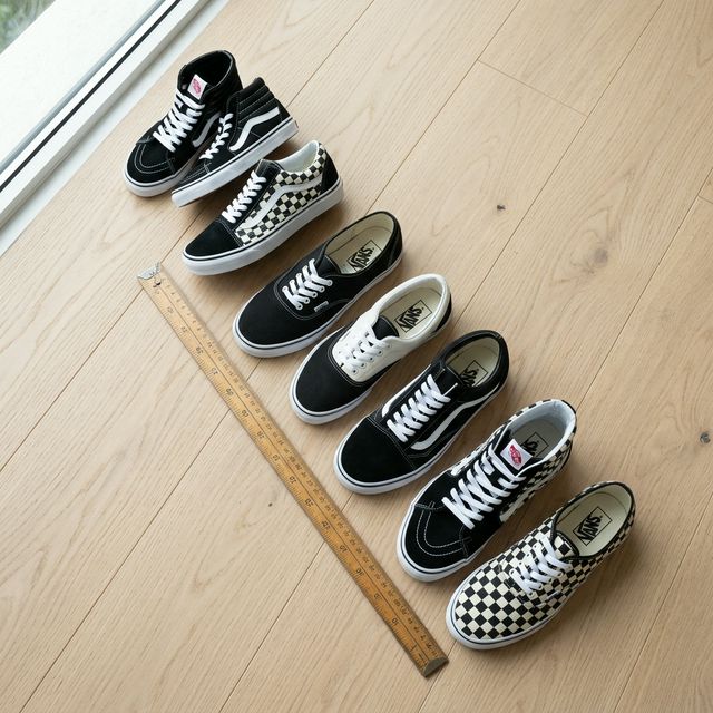 Zapatillas Vans de distintos modelos y talles ordenadas junto a una regla de medición