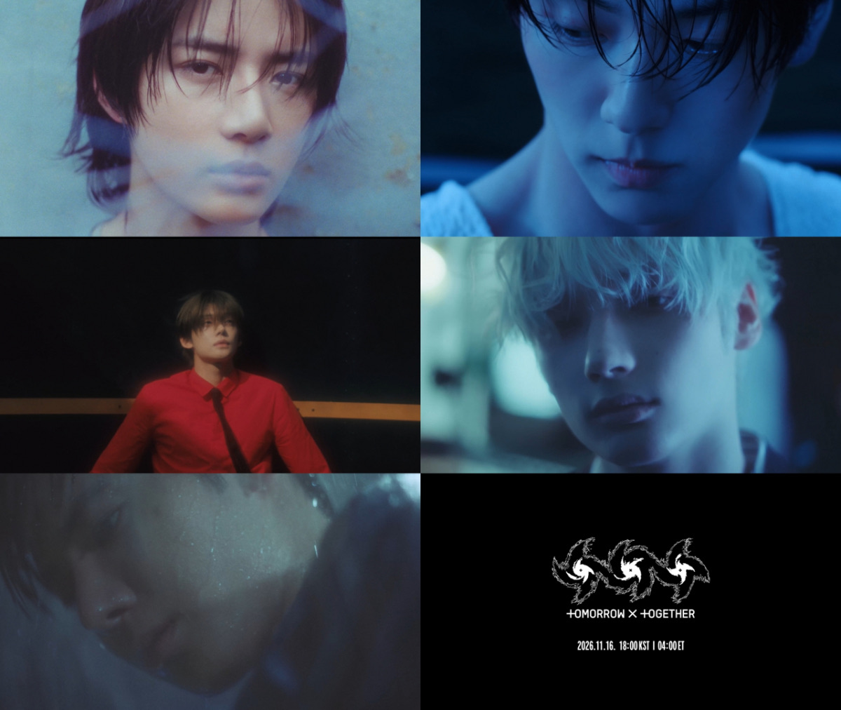 Afiche oficial del tráiler de «PERFECT STORM»: cinco recortes de los integrantes de TOMORROW X TOGETHER en tonos azules y rojos, y el logo del grupo con la fecha 2026.11.16 18:00 KST